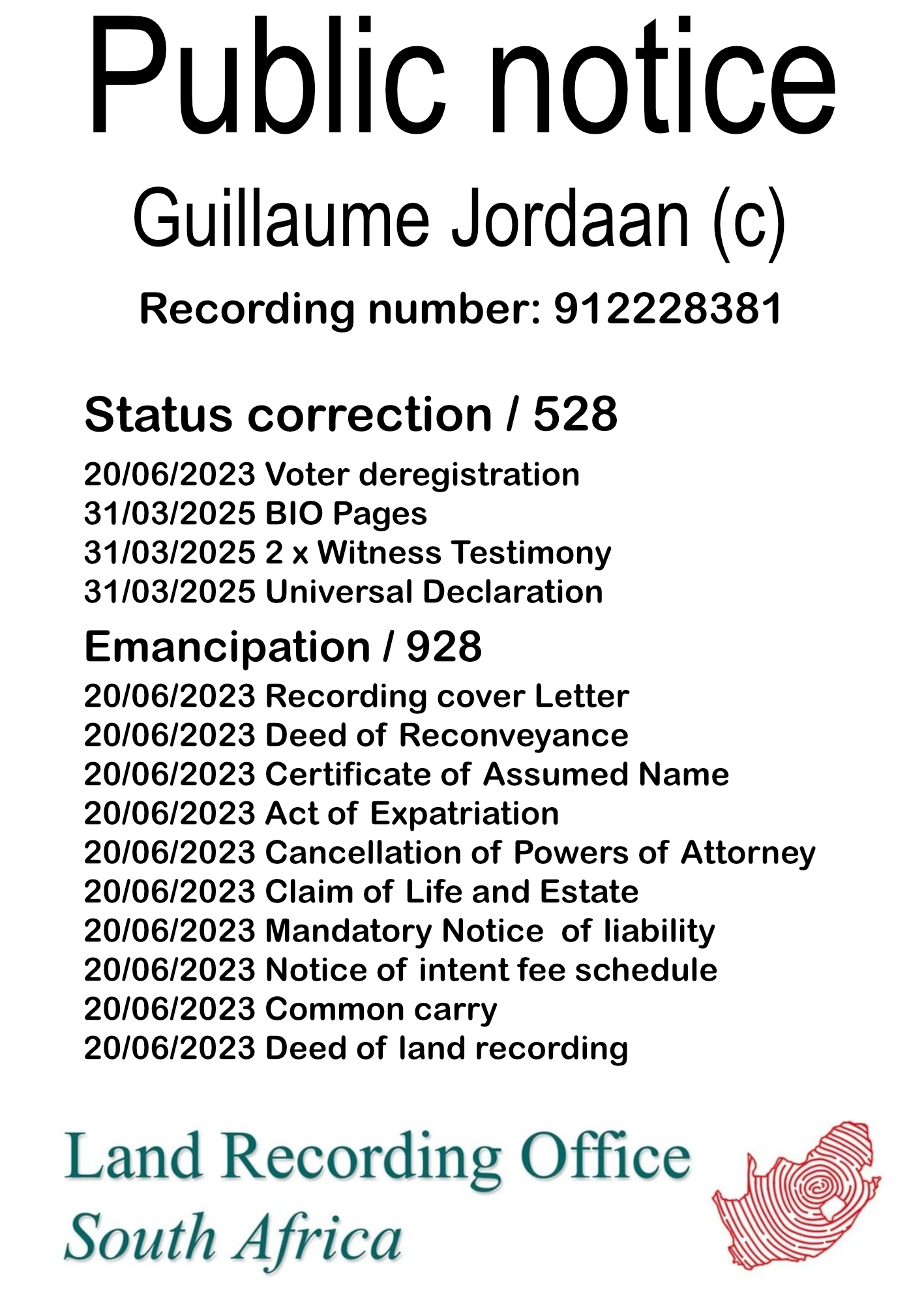 Public notice Guillaume Jordaan Recording number 912228381